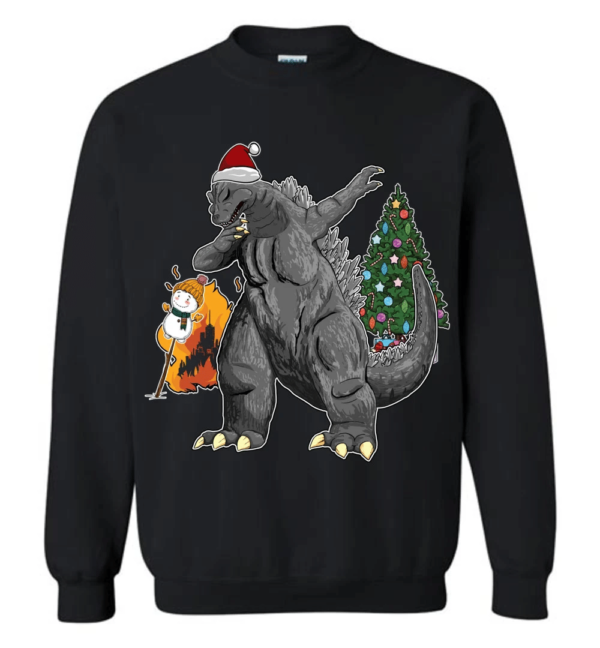 Godzilla Dabbing For Christmas Snowman Christmas Tree Long Sleeve And Sweatshirt Sweatshirt Black S