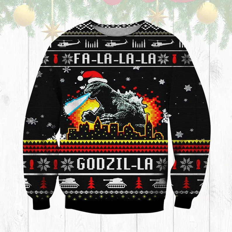 Godzilla Santa Fa La La La 3D All Over Print Sweatshirt Style: 3D Sweatshirt, Color: Black