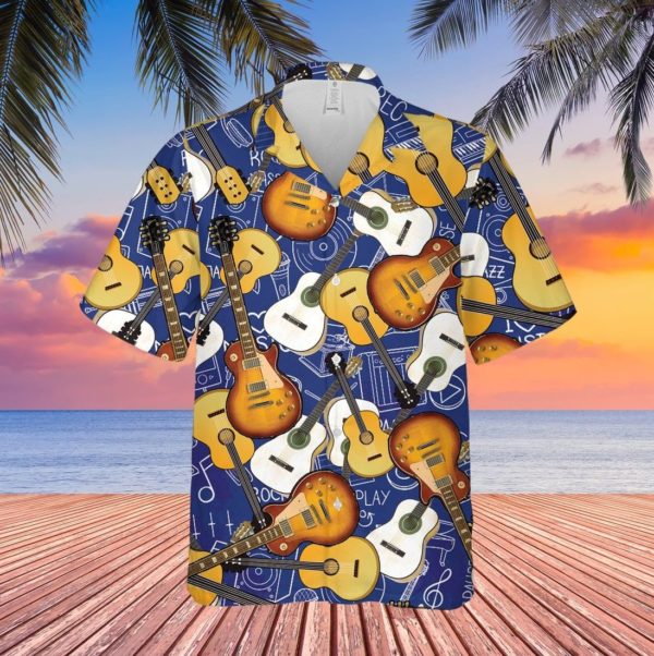 Guitar Music Pattern Hawaiian Shirt Short Sleeve Hawaiian Shirt Royal S