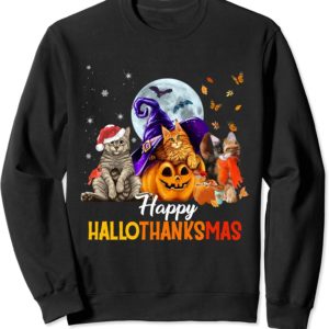 Halloween And Merry Christmas For Cat Lover Happy Hallothanksmas Sweatshirt Sweatshirt Black S