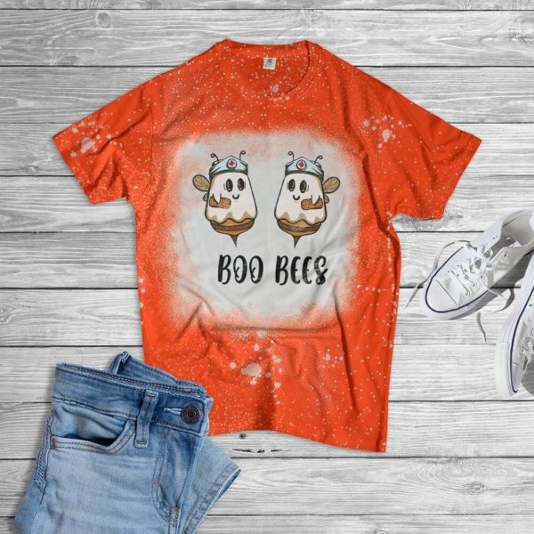 Halloween Nurse Boo Bees Bleached T-Shirt Bleached T-Shirt Orange XS