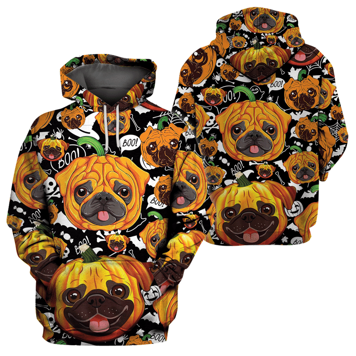 Halloween Pug Pumpkin Boo Costume 3D All Over Print Shirt Style: 3D Hoodie, Color: Orange