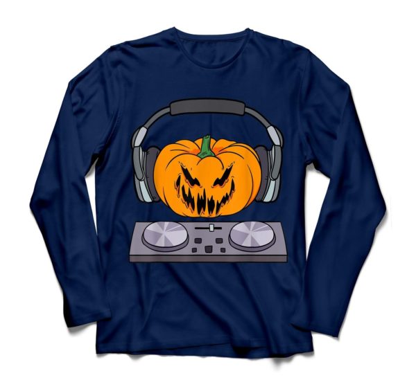 Halloween Scary Pumpkin DJ Music Halloween Gift Shirt Long Sleeve Navy S