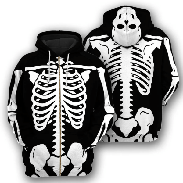 Halloween Skeleton Costume 3D Full Print Shirt 3D Zip Hoodie Black S