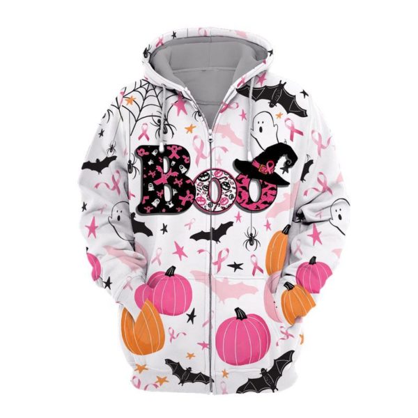 Happy Halloween Bee Boo Breast Cancer Awareness 3D All Over Printed Shirt 3D Zip Hoodie Black S