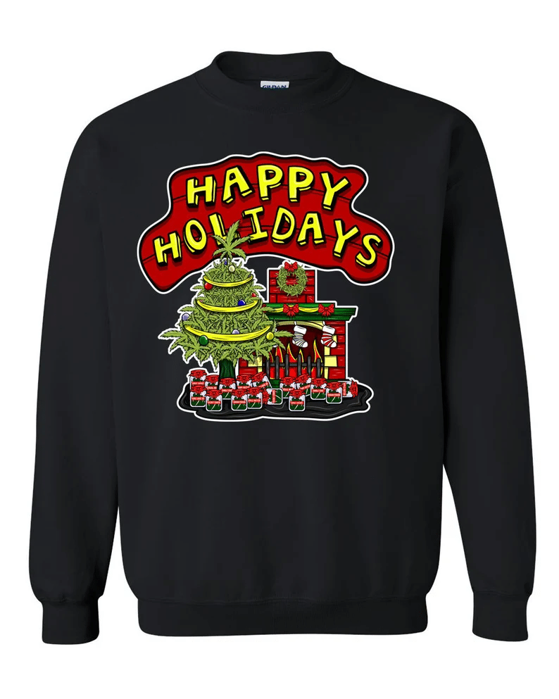 Happy Holidays Herbal Tree Fireplace Christmas Sweatshirt Style: Sweatshirt, Color: Black