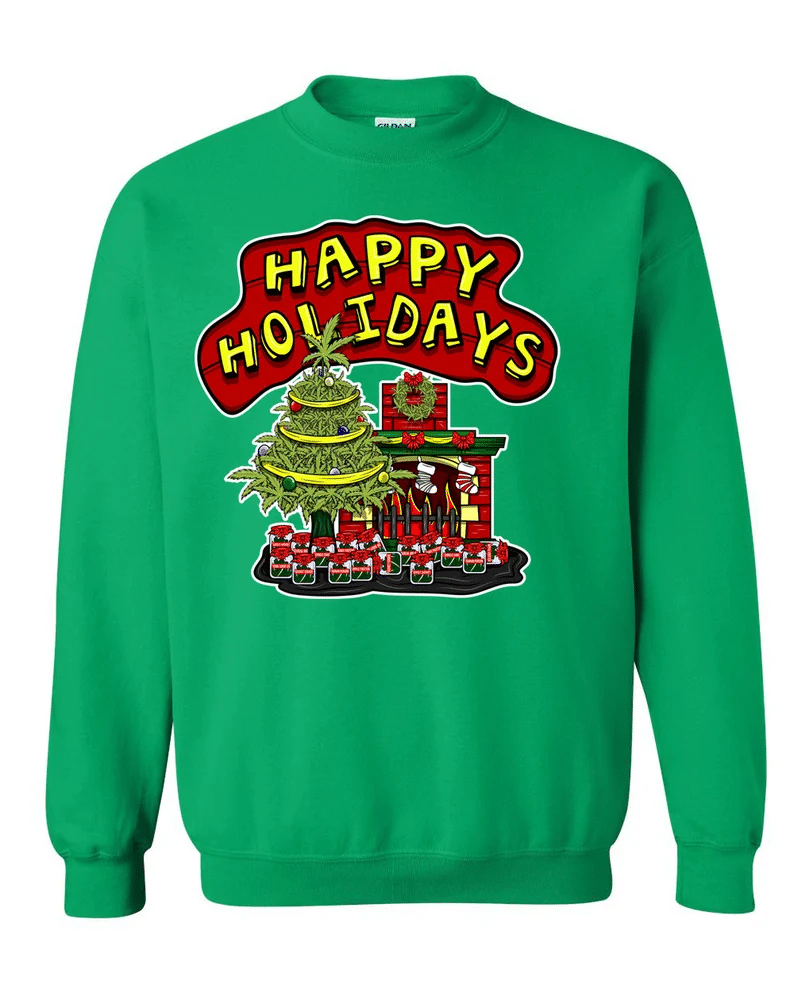 Happy Holidays Herbal Tree Fireplace Christmas Sweatshirt Style: Sweatshirt, Color: Green