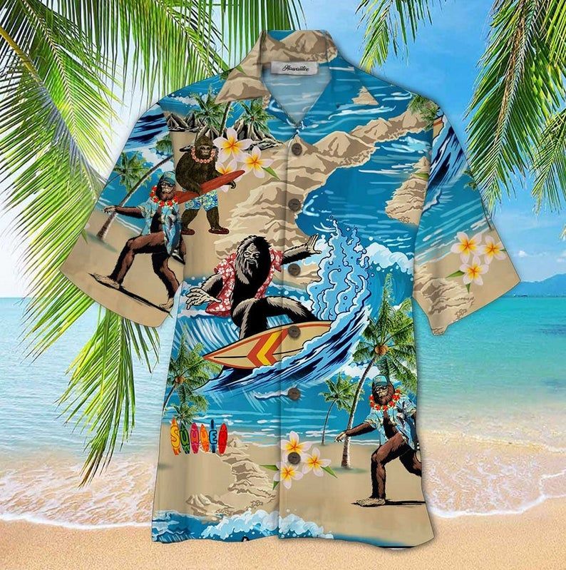 Hawaiian Bigfoot Summer Surfing Hawaii Shirt Short Sleeve Hawaiian Shirt White S