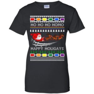 Ho Ho Ho Homo Happy Holigays Santa And Sleigh Reindeer Christmas Shirt Ladies T-Shirt Black XS