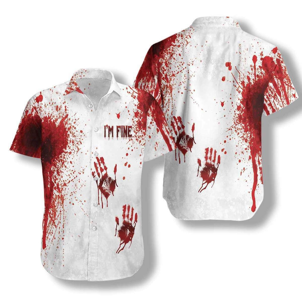 Horror Creepy Halloween Blood Splatter Button Up Hawaiian Shirt Style: Short-Sleeve Hawaiian Shirt, Color: White