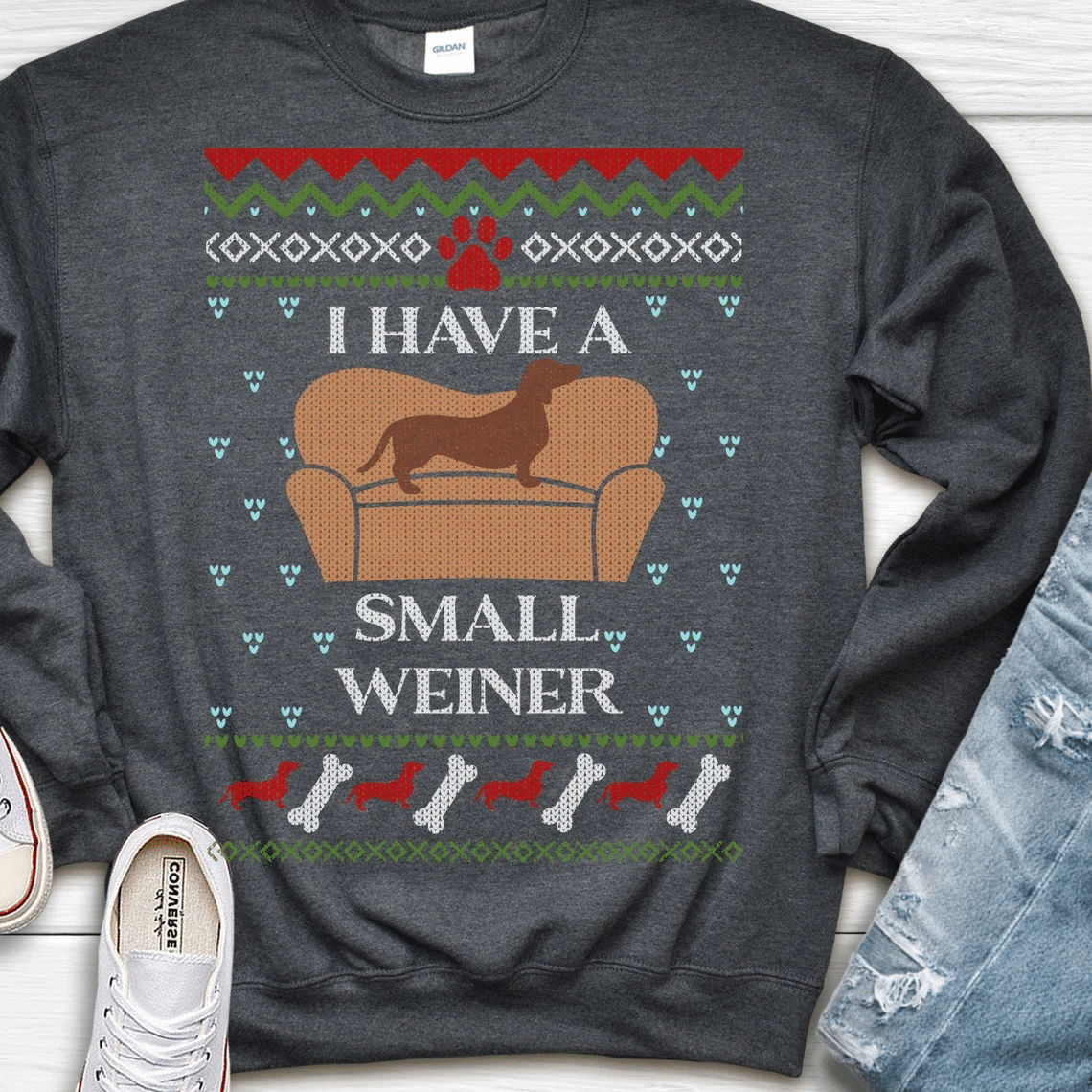 I Have A Small Weiner Dachshund Christmas Sweatshirt Style: Sweatshirt, Color: Dark Heather