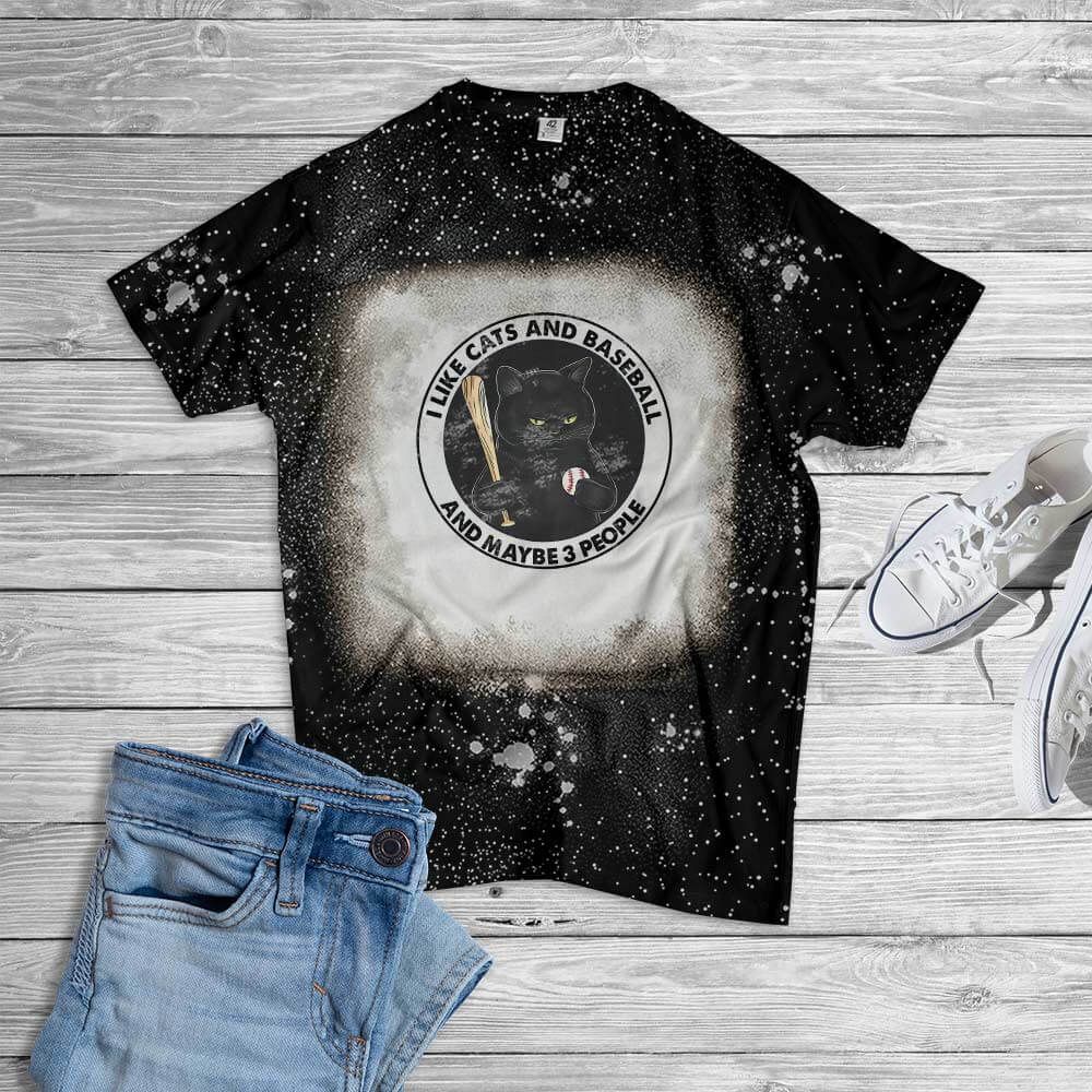 I Like Cats And Baseball And Maybe 3 People Bleached T-Shirt Style: Bleached T-Shirt, Color: Black