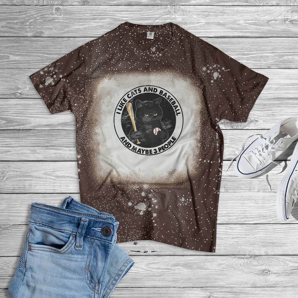 I Like Cats And Baseball And Maybe 3 People Bleached T-Shirt Style: Bleached T-Shirt, Color: Brown