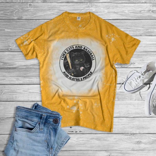 I Like Cats And Baseball And Maybe 3 People Bleached T-Shirt Bleached T-Shirt Gold XS