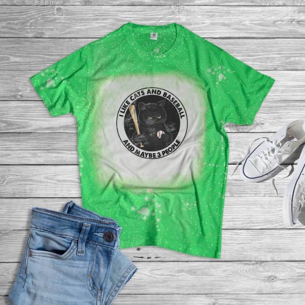 I Like Cats And Baseball And Maybe 3 People Bleached T-Shirt Bleached T-Shirt Green XS