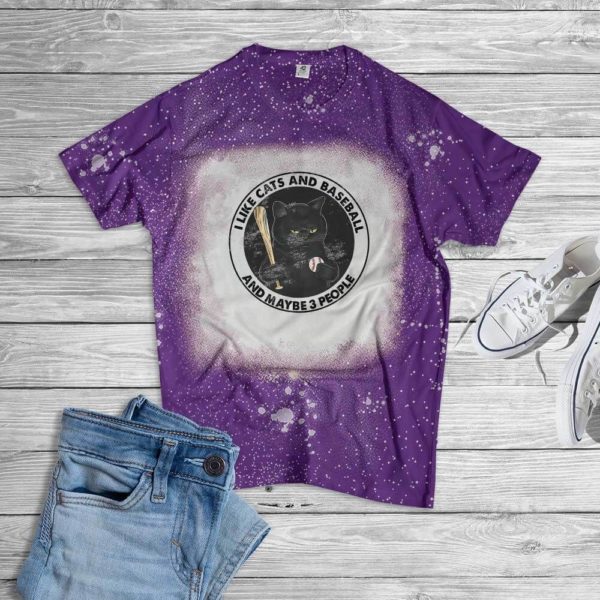 I Like Cats And Baseball And Maybe 3 People Bleached T-Shirt Bleached T-Shirt Purple XS