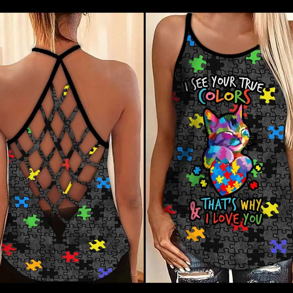 I See Your True Colors, Colorful Cat Autism Awareness Criss Cross Tank Top Style: Criss Cross Tank Top, Color: Black