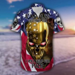 If My Flag Offends You Gold Skull American Flag Hawaiian Shirt Short Sleeve Hawaiian Shirt Black S