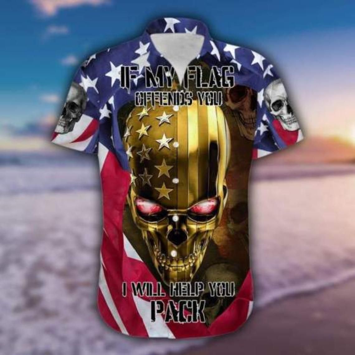 If My Flag Offends You Gold Skull American Flag Hawaiian Shirt Style: Short Sleeve Hawaiian Shirt, Color: Black