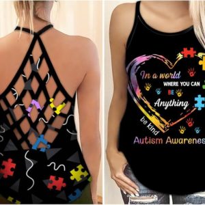In A World Where You Can Be Anything Be Kind | Autism Awareness Criss Cross Tank Top Criss Cross Tank Top Black S