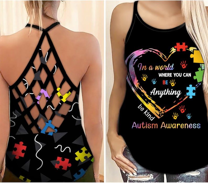 In A World Where You Can Be Anything Be Kind | Autism Awareness Criss Cross Tank Top Style: Criss Cross Tank Top, Color: Black