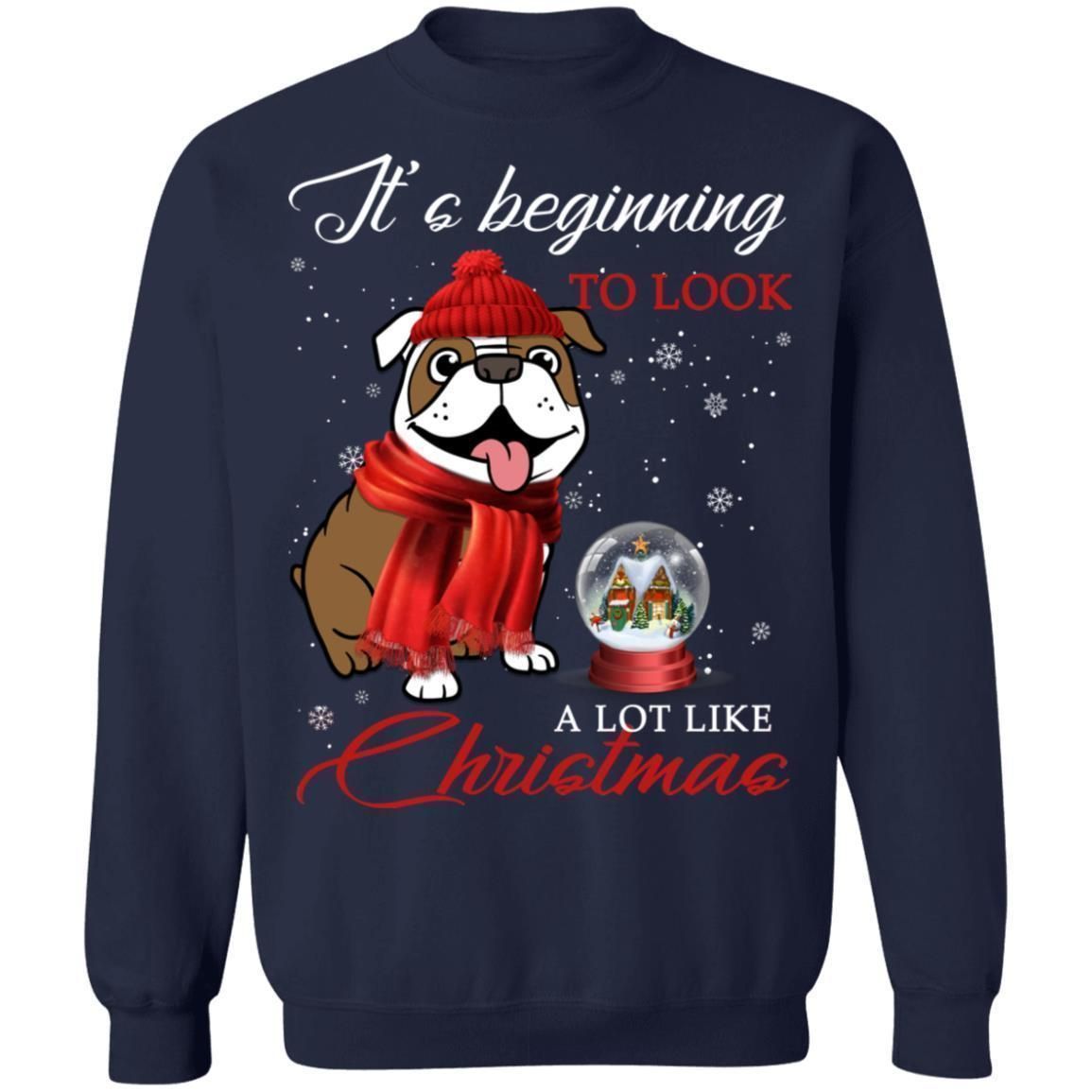 It’s Beginning To Look A Lot Like Christmas Warm Bulldog Christmas Sweatshirt Style: Sweatshirt, Color: Navy