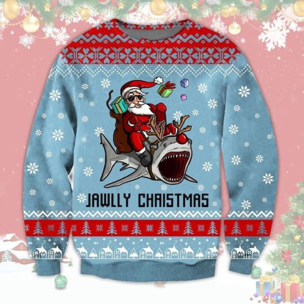 Jawlly Chaistmas Funny Santa And Shark Reindeer Sweater AOP Sweater Light Blue S
