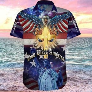 Jesus God Bless America Hawaii Shirt Short-Sleeve Hawaiian Shirt Navy Blue S