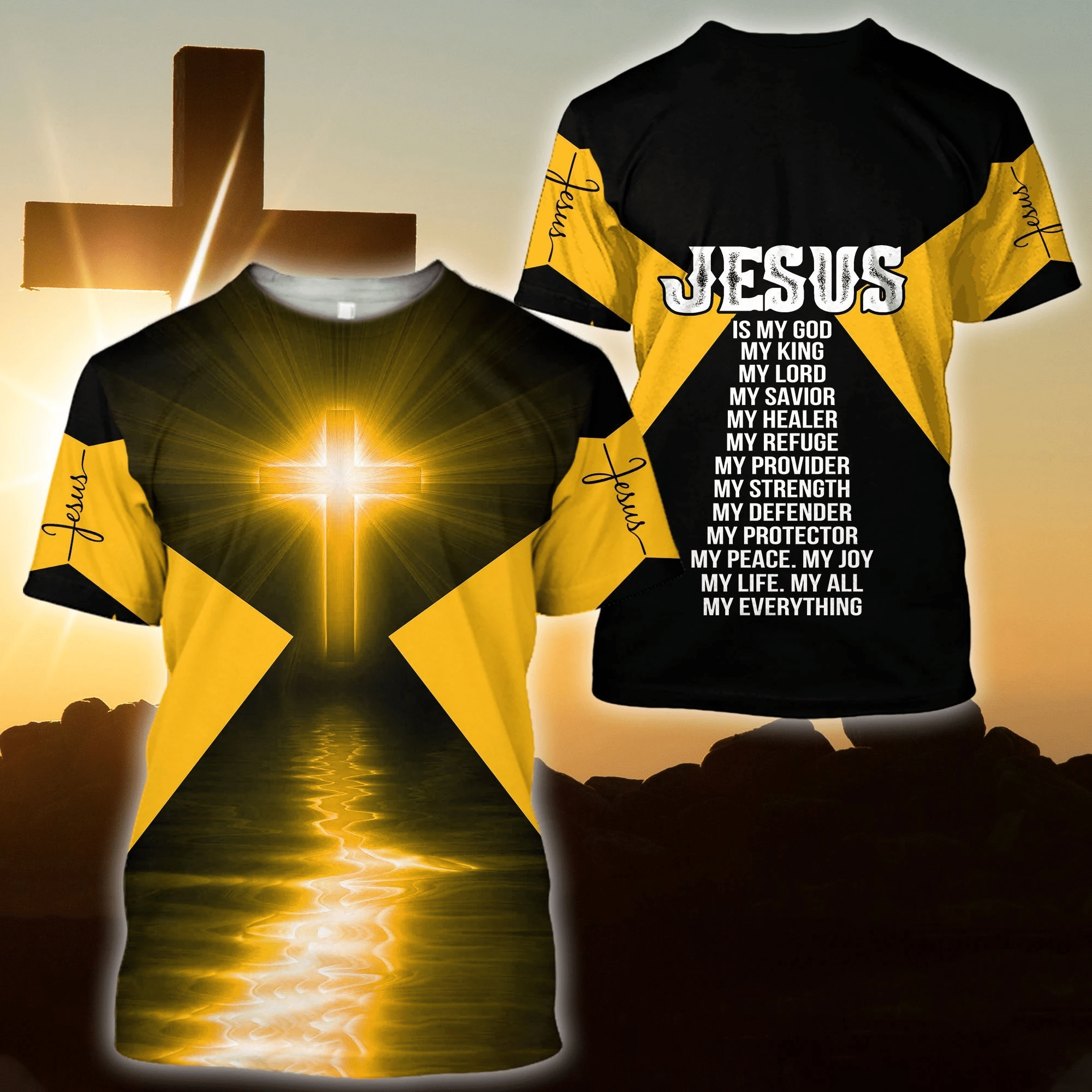 Jesus Is My God My King My Lord 3D All Over Print Shirt Style: 3D T-Shirt, Color: Yellow