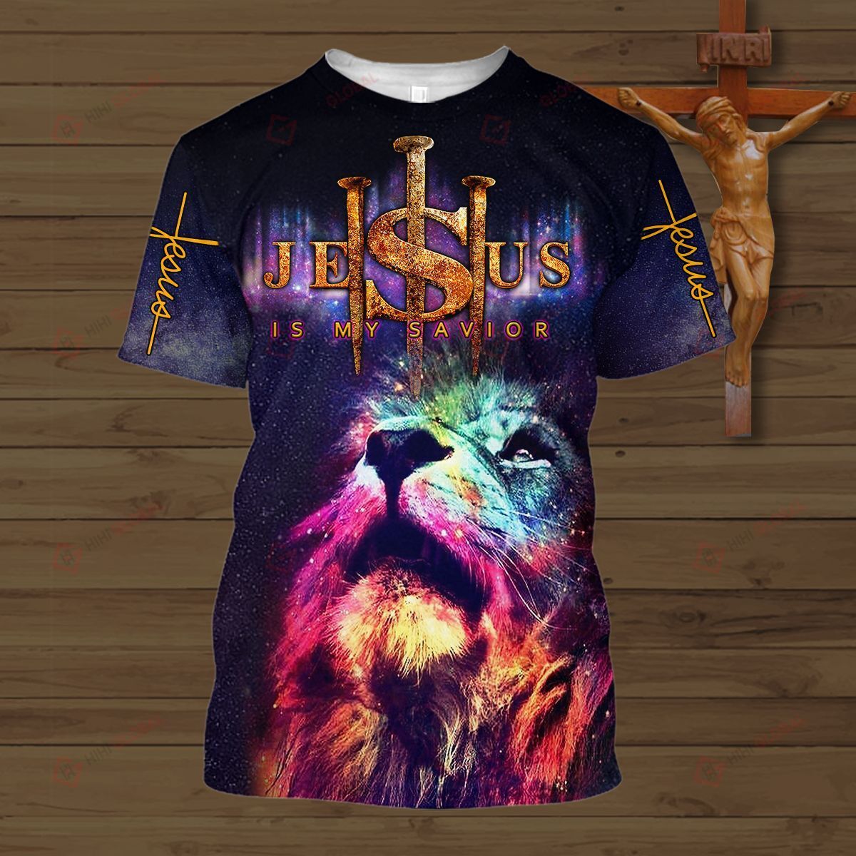 Jesus Is My Savior, The Lion Colorful Jesus 3D All Over Print Shirt Style: 3D T-Shirt, Color: Navy