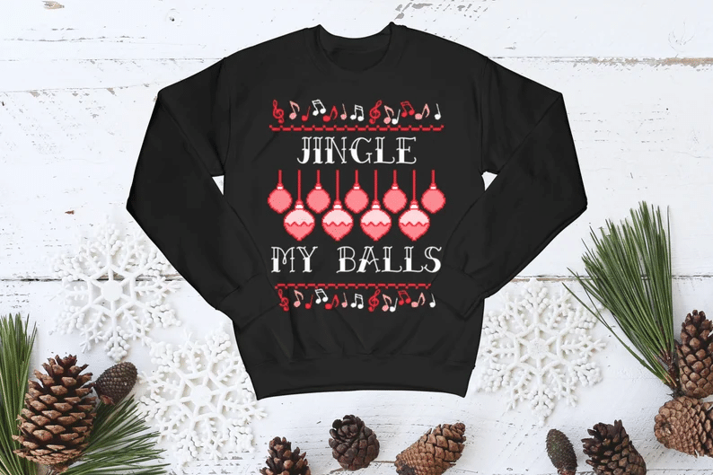 Jingle My Balls Pig Bauble Music Christmas Sweatshirt Style: Sweatshirt, Color: Black