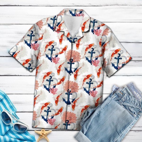 Koi Waves & Anchor Hawaiian Shirt Short Sleeve Hawaiian Shirt White S