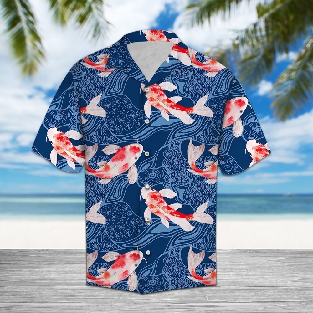 Koi Waves Fish Hawaiian Shirt Style: Short Sleeve Hawaiian Shirt, Color: Navy