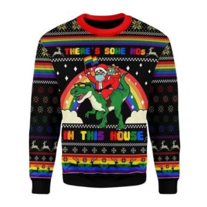 Lgbt Flag Christmas Santa And Dinosaur There's Some Ho's In This House Christmas Sweater AOP Sweater Red S