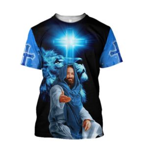 Lion Focus On Me Jesus 3D All Over Printed Shirts 3D T-Shirt Blue S