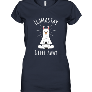 Llamastay 6 Feet Away Funny Llama Social Distancing Shirt Heavy Cotton Women's V-Neck T-Shirt Navy S