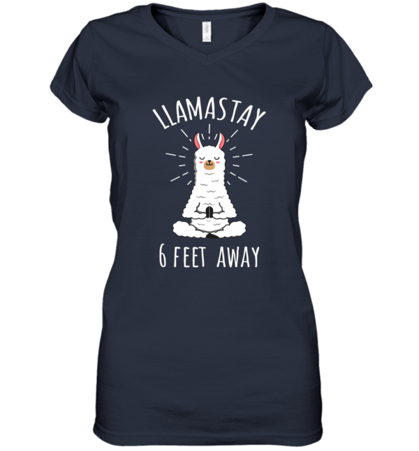 Llamastay 6 Feet Away Funny Llama Social Distancing Shirt Heavy Cotton Women's V-Neck T-Shirt Navy S