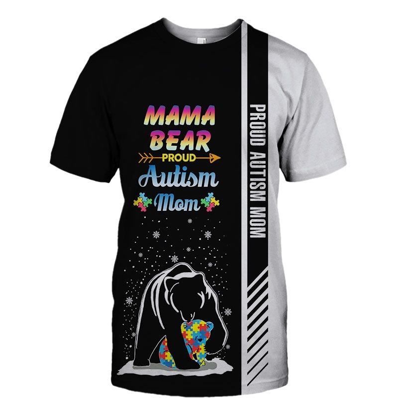 Mama Bear Autism Mom 3D Hoodie, Sweatshirt Style: 3D T-Shirt, Color: Black