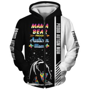 Mama Bear Autism Mom 3D Hoodie, Sweatshirt 3D Zip Hoodie Black S