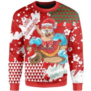 Mele Kalikimaka Hawaiian Ugly Turtle And Santa Christmas Sweater AOP Sweater Red S