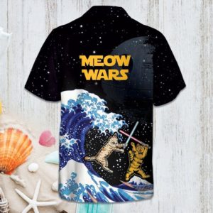 Meow Wars Cats Lightsaber Fight Button Hawaiian Shirt product photo 1