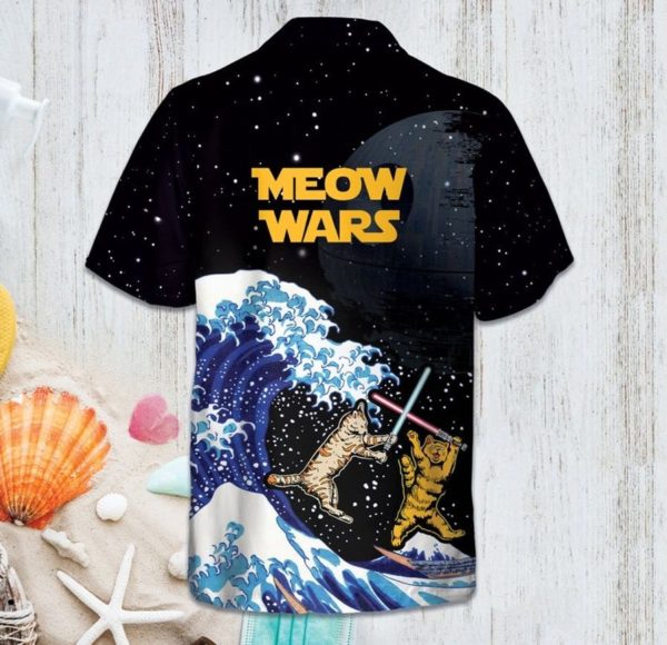 Meow Wars Cats Lightsaber Fight Button Hawaiian Shirt product photo 1