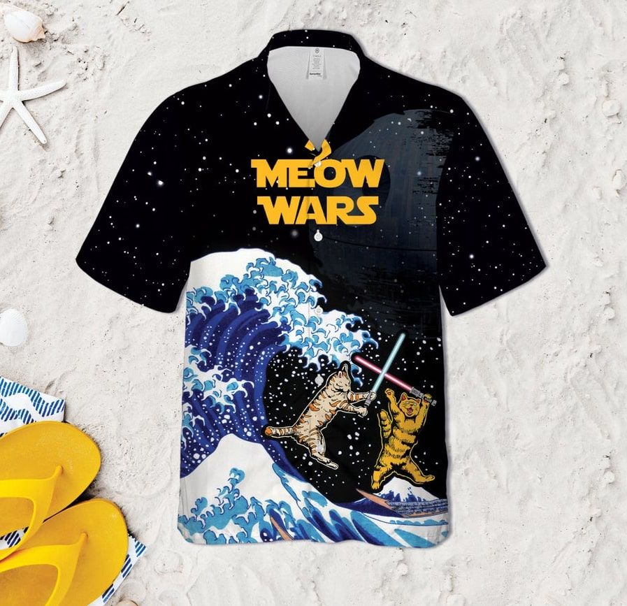 Meow Wars Cats Lightsaber Fight Button Hawaiian Shirt Style: Short Sleeve Hawaiian Shirt, Color: Black