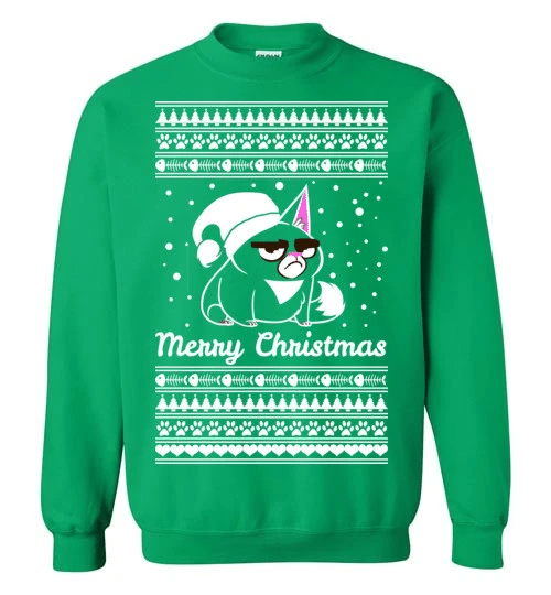 Merry Christmas Cat Motif Sweatshirt Irish Green S
