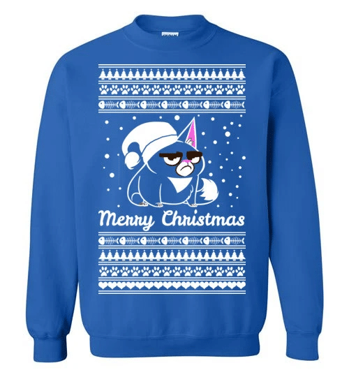 Merry Christmas Cat Motif Sweatshirt Royal S