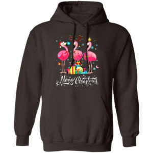Merry Christmas Funny Flamingo Lights Santa Hat Gift Christmas Shirt Hoodie Dark Chocolate S
