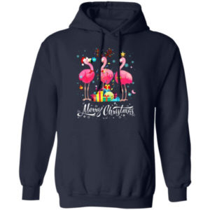 Merry Christmas Funny Flamingo Lights Santa Hat Gift Christmas Shirt Hoodie Navy S