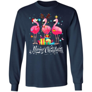 Merry Christmas Funny Flamingo Lights Santa Hat Gift Christmas Shirt Long Sleeve Navy S