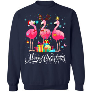 Merry Christmas Funny Flamingo Lights Santa Hat Gift Christmas Shirt Sweatshirt Navy S