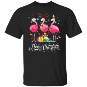 Merry Christmas Funny Flamingo Lights Santa Hat Gift Christmas Shirt Unisex T-Shirt Black S
